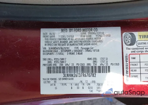 2007 Lincoln Mkz from USA, damaged, VIN 3LNHM26T37R670782